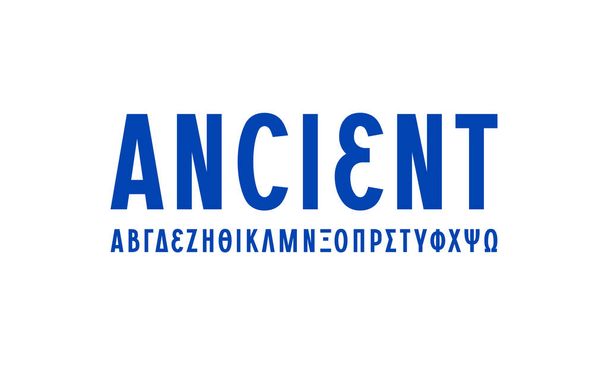 Grego sans serif fonte em estilo lacônico. Cartas para logotipo e design de cabeçalho. Impressão azul sobre fundo branco - Vetor, Imagem