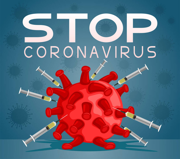 Syringes with vaccine defeated coronavirus on blue background. - Wektor, obraz