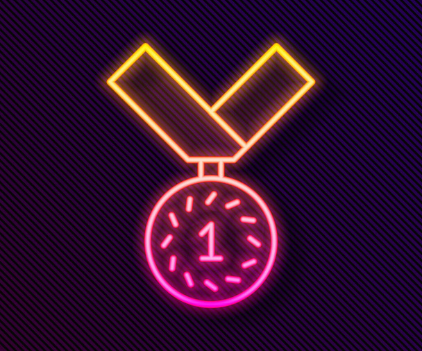 Icona luminosa al neon Medaglia isolata su sfondo nero. Simbolo del vincitore. Vettore. - Vettoriali, immagini