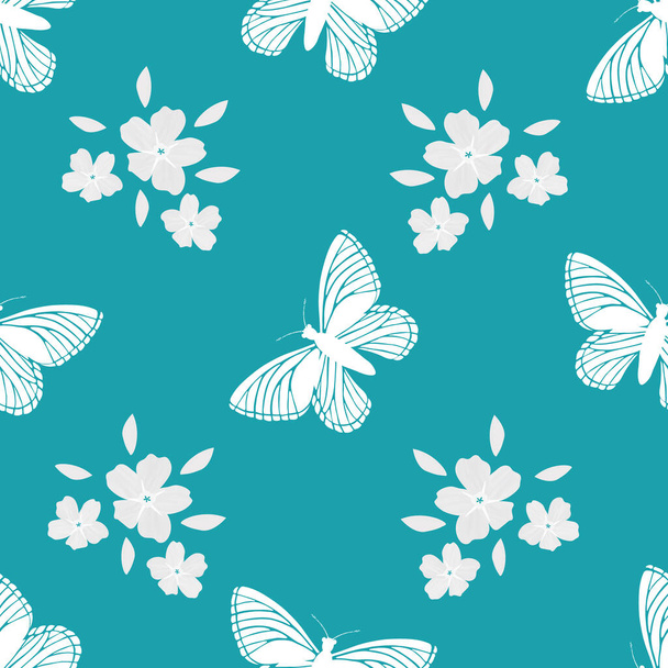 Forget-Me-Not floral and butterfly seamless vector pattern background. Pastel painterly watercolor effect white mysotis flowers clusters and flying insects on aqua blue backdrop. Botanical repeat. - Διάνυσμα, εικόνα