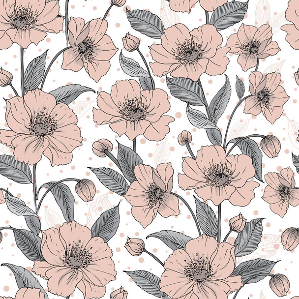 Vector anemone flower field and dots seamless pattern print background. - Vektör, Görsel