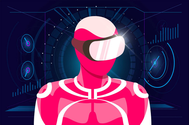 Virtual reality gaming in headset concept. Gebruiker in roze pak met VR bril helm op HUD stijl abstracte digitale achtergrond. Futuristische technologie vector illustratie - Vector, afbeelding