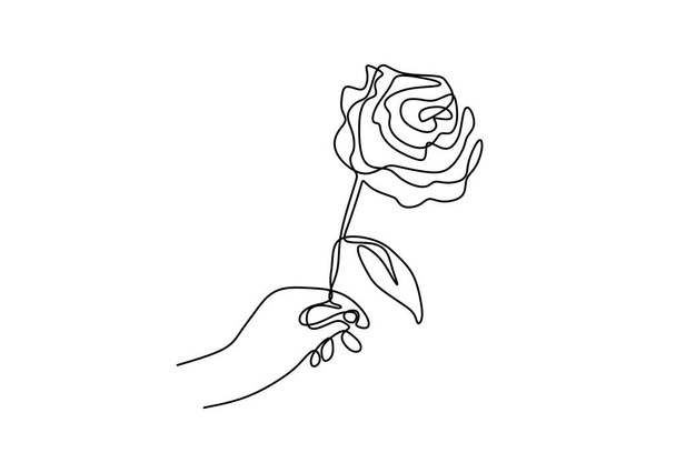 Continuous line drawing of a hand holding rose flower. Hand's woman with a flower isolated on white background. Give a sign of love for someone. Minimalism style. Vector sketch illustration - ベクター画像