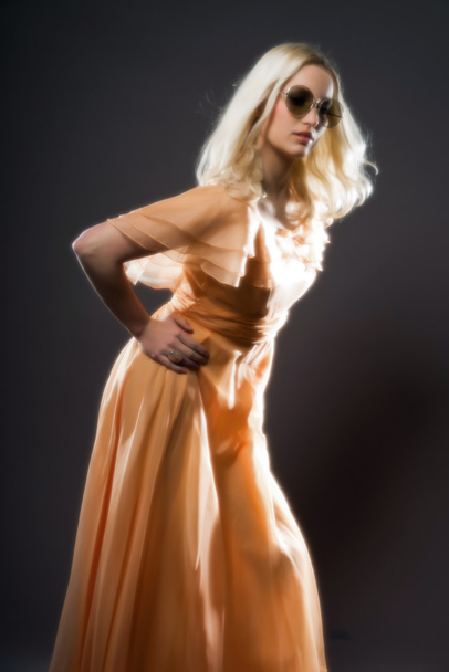 Soft focus retro hippie 70s fashion sensual girl with long blond - Foto, imagen