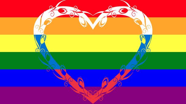 中央にロシアの旗の色の大きな装飾的な花の心を持つレインボーゲイの旗(LGBT運動) - 写真・画像