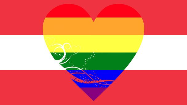 中央の虹の旗(LGBTムーブメント)の色に大きな装飾的な心を持つオーストリアの旗 - 写真・画像