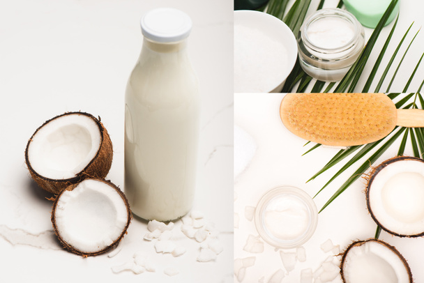 collage of coconut halves, milk and flakes, cosmetic cream and massage brush near palm leaves on white - Photo, Image
