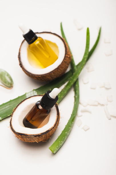bottles with essential oil, coconut halves, flakes, and aloe vera leaves on white blurred background - Photo, Image