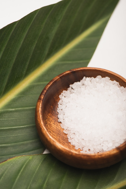 close up view of sea salt in wooden bowl, and green leaves on white background - Photo, Image