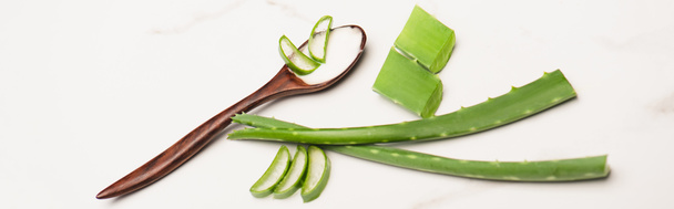 aloe vera leaves, pieces and slices near wooden spoon with homemade cosmetic cream on white, banner - Valokuva, kuva