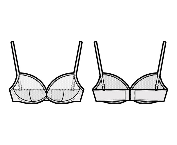 Sheer Bra lingerie technical fashion illustration with adjustable shoulder straps, hook-and-eye closure. Flat brassiere - Vector, Image