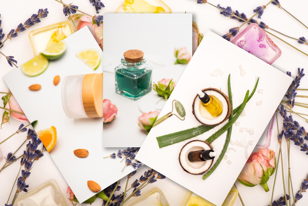 collage d'ingrédients naturels et de cosmétiques faits maison sur fond blanc - Photo, image
