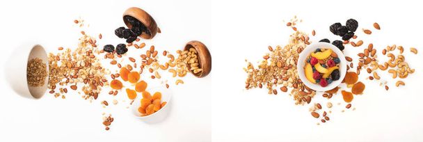 collage of of delicious granola with nuts, peach, blueberry and dried apricots scattered from bowls isolated on white, banner - Photo, Image