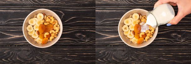 ナッツとバナナと乾燥アプリコットのおいしいグラノーラにヨーグルトを追加する女性のコラージュ木製の黒い表面、バナー - 写真・画像