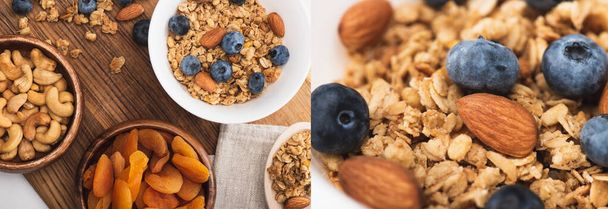 collage de deliciosa granola con nueces, albaricoques secos y arándanos sobre tabla de madera sobre fondo blanco, pancarta - Foto, Imagen