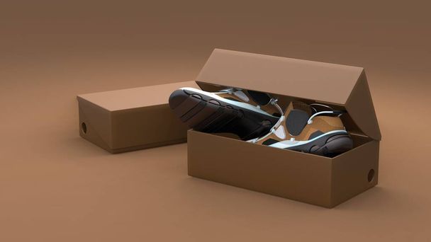 茶色の背景にボックスパッケージで靴のペア。モダンなデザイン。3Dイラスト. - 写真・画像