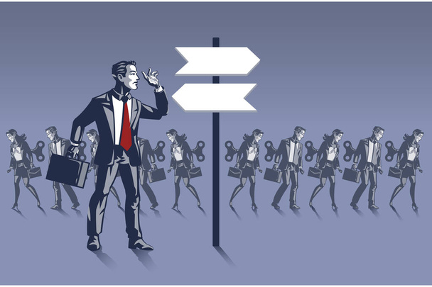 Biznesmen stojący przed znakiem Street, gdzie wielu robotów pracowników chodzić posłusznie. Business Illustration Koncepcja Business Critical Thinking - Zdjęcie, obraz