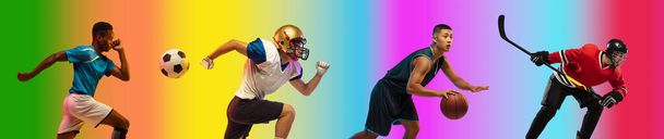Sport collage of professional athletes on gradient multicolored background, flyer - Foto, afbeelding
