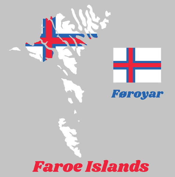 Faroe Adaları 'nın ana hatları ve bayrağı, beyaz bir alanda mavi-fimbrite edilmiş kırmızı bir İskandinav haçı. isim metni Faroe Adaları. - Vektör, Görsel