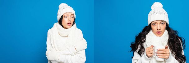 collage of young woman in knitted hat and gloves holding cup and freezing isolated on white  - Fotografie, Obrázek