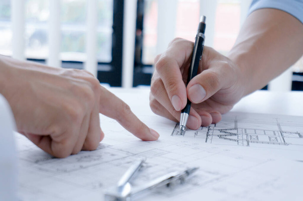 Colleagues interior designer Corporate Achievement Planning Design on blueprint Teamwork Concept with compasses - Foto, afbeelding