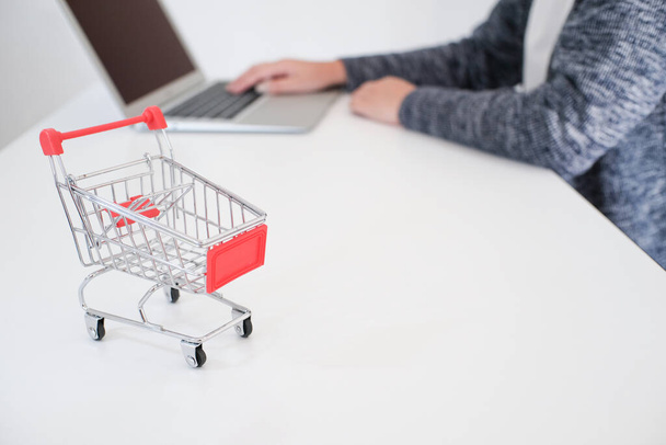 Nő és kis bevásárlókosár Laptop Internet online vásárlási koncepció. - Fotó, kép