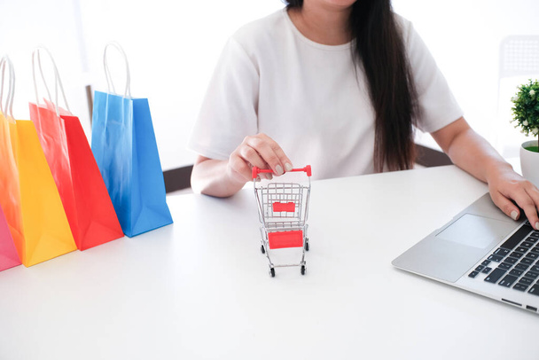 Kobieta i małe zakupy koszyk z laptopem do Internetu koncepcji zakupów online - Zdjęcie, obraz