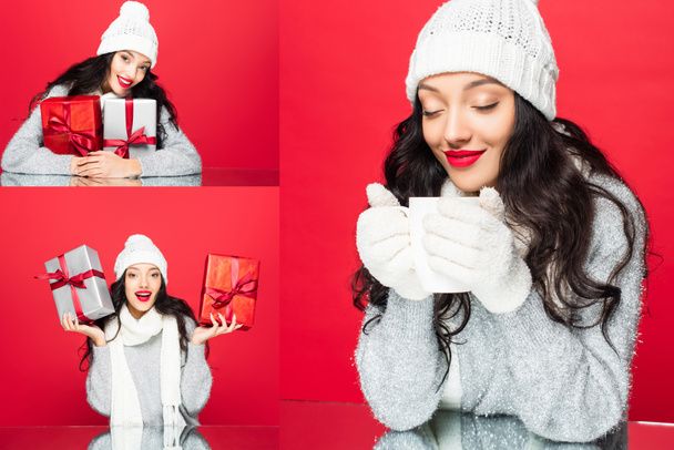 collage of joyful woman in hat and warm scarf holding cup and christmas presents isolated on red - Фото, зображення