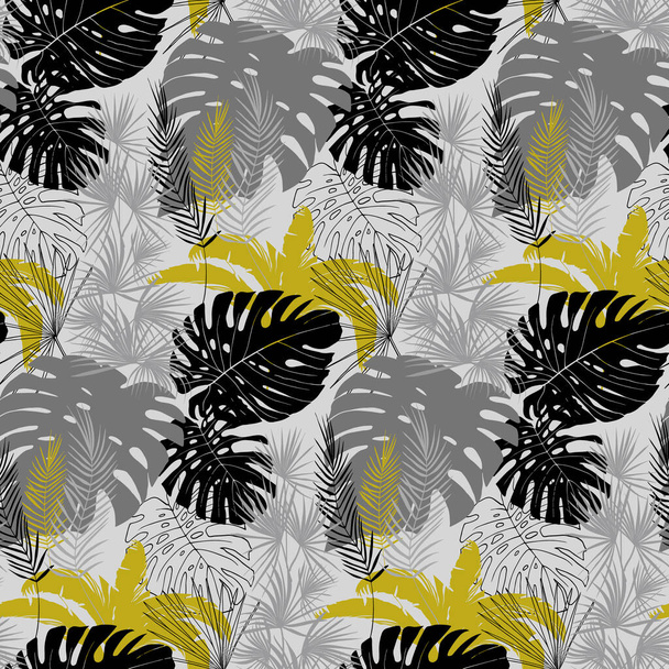 pattern with tropical plants in monochrome shades of black gray and gold - Wektor, obraz
