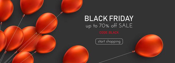Black friday dark background with red balloons. Web site template design. Online shopping. Vector illustration. - Vektor, kép