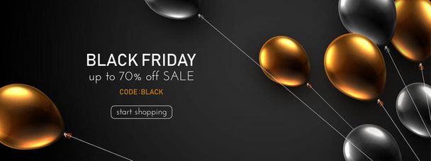 Black friday dark background with black and golden foil balloons. Web site template design. Online shopping. Vector illustration. - Vecteur, image