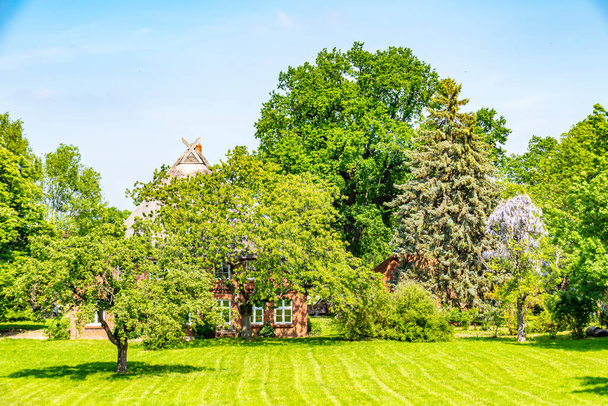 Вы видите пейзаж в Нижней Саксонии с зелеными лугами. Почти скрытые от деревьев стоит типичный дом для этого региона. - Фото, изображение