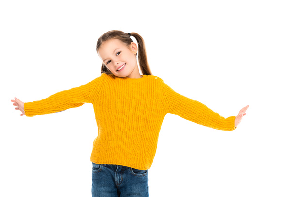 Cheerful kid smiling at camera isolated on white - Foto, afbeelding