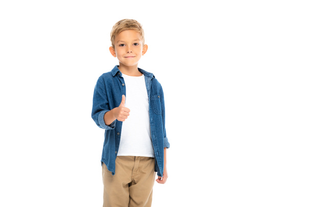 Smiling boy showing like gesture isolated on white - Foto, imagen