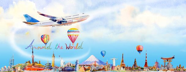 Utazás Híres tereptárgyak Európa, Ázsia és Amerika világában. Akvarell táj festészet illusztráció repülőgép, léggömb háttér. Népszerű turisztikai attrakció reklámokkal, plakátokkal. - Fotó, kép