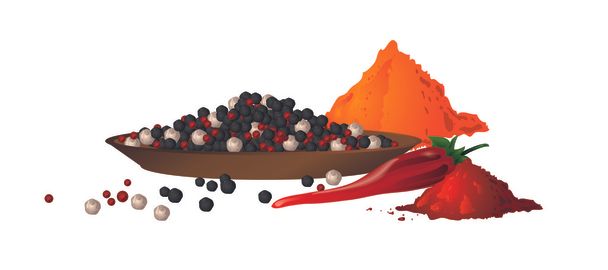 fehér, fekete, piros chili paprika fűszerek vektor - Vektor, kép