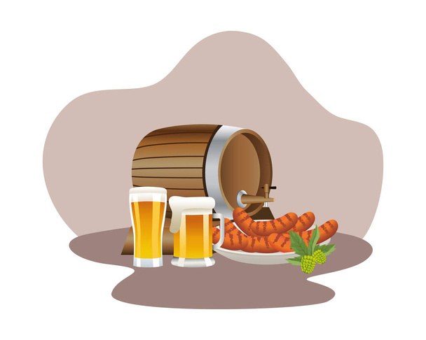 μπύρα βαρέλι ποτό ξύλινο και βάζα με λουκάνικα - Διάνυσμα, εικόνα