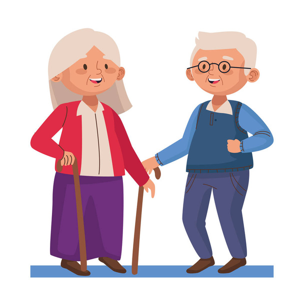 ηλικιωμένοι ζευγάρι με χαρακτήρες μπαστούνια - Διάνυσμα, εικόνα