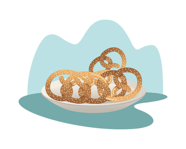prato com alimentos de pastelaria pretzels - Vetor, Imagem