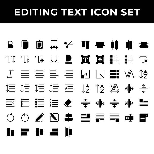 A szöveges ikonkészlet szerkesztése magában foglalja a következő szövegeket: félkövér, dokumentum, beillesztés, távolság, növelés, újrakezdés, összehangolás, összeállítás, terjesztés, skála, rács, kerning, elrendezés - Vektor, kép