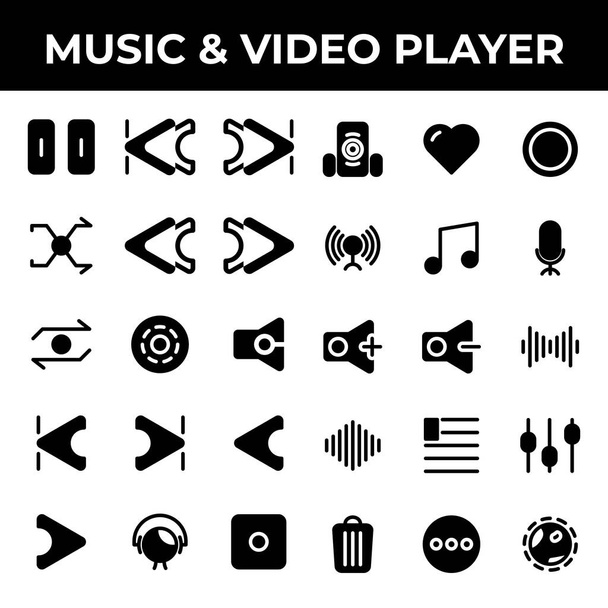 zene & video lejátszó ikon készlet tartalmazza szünet, track, zene, skip, előre, skip előre, hátra, skip vissza, shake, shuffle, reload, rewind, audio lejátszó, ismétlés, média lejátszó, lemez, hang, néma, start - Vektor, kép