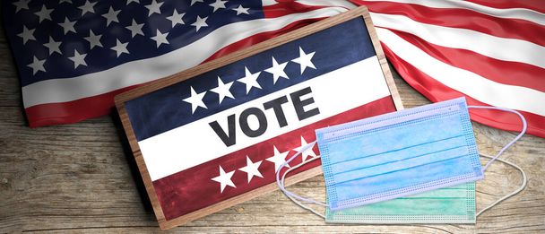 Eleições para a América dos EUA 2020, COVID 19. Texto VOTE, máscara médica e bandeira dos Estados Unidos colocados em fundo de madeira. ilustração 3d - Foto, Imagem