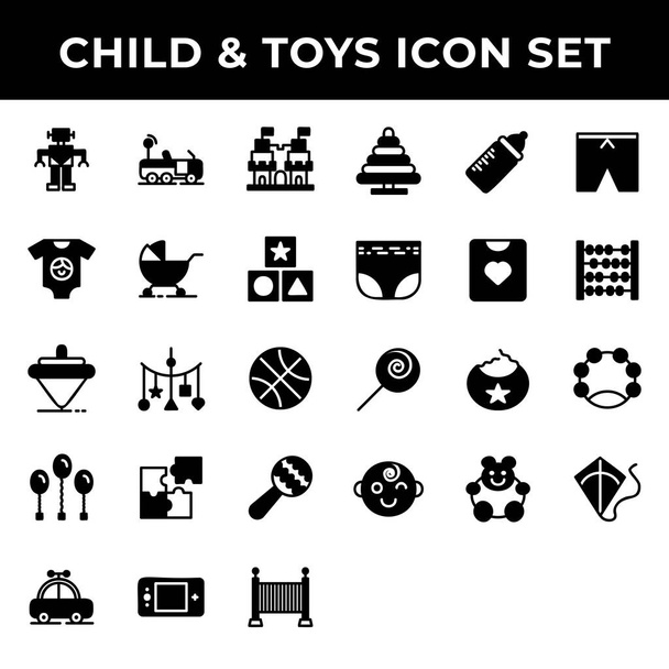 Çocuk ve oyuncak ikonu setleri arasında robot, araba, kale, kıyafetler, fayton, çocuklar, dönen, asılı oyuncak, balon, bulmaca, çıngırak, oyun çocuğu, bebek, beslenme, bebek bezi, gömlek, tükürük, çocuk - Vektör, Görsel