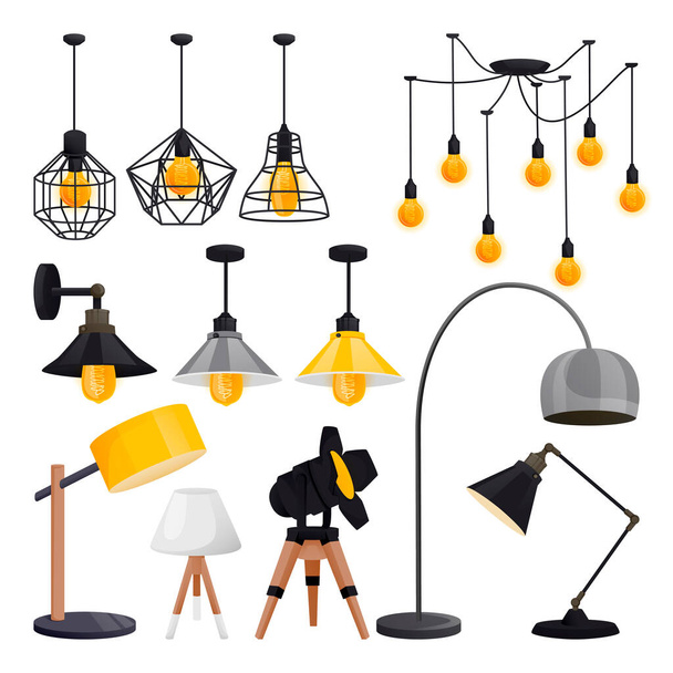 Modern electric lamps collection. Wall lights, chandeliers, floor lamps, isolated on white background. Loft light bulbs equipment, vector illustration. Office or home interior design elements - Vector, Image