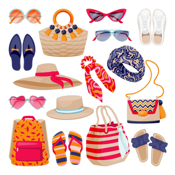 Female fashion summer accessories collection. Womens shoes, bags, sunglasses, hats, isolated on white background. Vector flat cartoon illustration. Fashionable icons and design elements set - Vector, Image