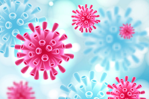 Coronavirüs salgını konsepti. Grip virüsü, patojen mikroorganizma tıbbi altyapısı ve metinler için yeri var. Vektör 3 boyutlu soyut virüsler veya bakteriler. Kopyalama alanı olan bilim mikrobiyolojisi afişi veya posteri - Vektör, Görsel