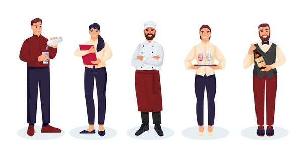 Restaurant staff team, isolated on white background. Vector flat illustration. Men and women professional catering workers. Waiters, chef, bartender and sommelier people cartoon characters set. - Vector, Image