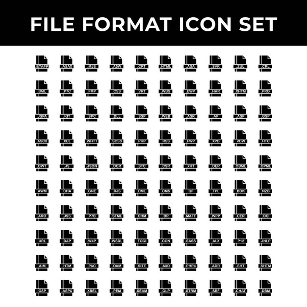 file format icon set include extension,document,sign,btapp,asax,mjs,crt,html,asa,svr,zul,crl,bml,fmp,css,vrt,wbs,ewp,har,xhtm,pro,jspa,kit,spc,dll,ssp,web,asr,asp,gsp,ascx,xul,whtt,scss,php,rss - Vector, Image