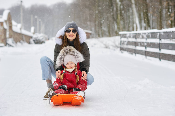 A young beautiful mom sledges her baby - Foto, Imagen