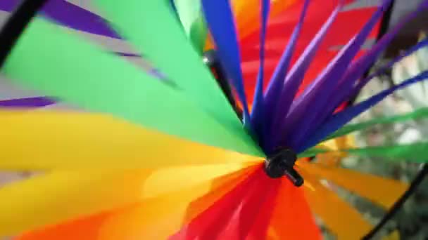 Colorful pinwheel spinning, weather wind vane, garden decoration in USA. Rainbow symbol of childhood, fantasy and imagination rotating. Multi colored spiral toy turning in breeze. Summertime dreaming - Footage, Video